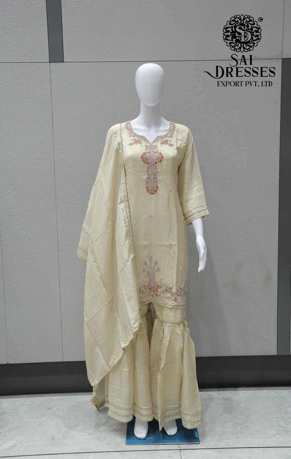 IVORY PINK FLORAL EMBROIDERED KURTI WITH SHARARA AND DUPATTA | PREMIUM OCCASION WEAR SUIT SET