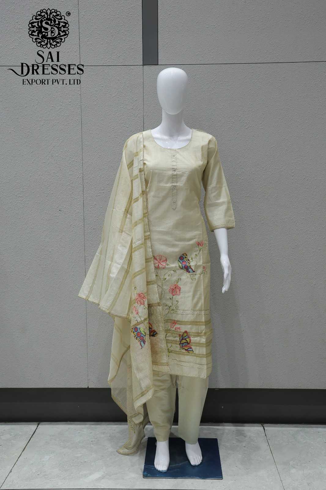 OFF WHITE BUTTERFLY EMBROIDERED KURTI WITH PANT AND DUPATTA | ELEGANT ETHNIC WEAR SUIT SET