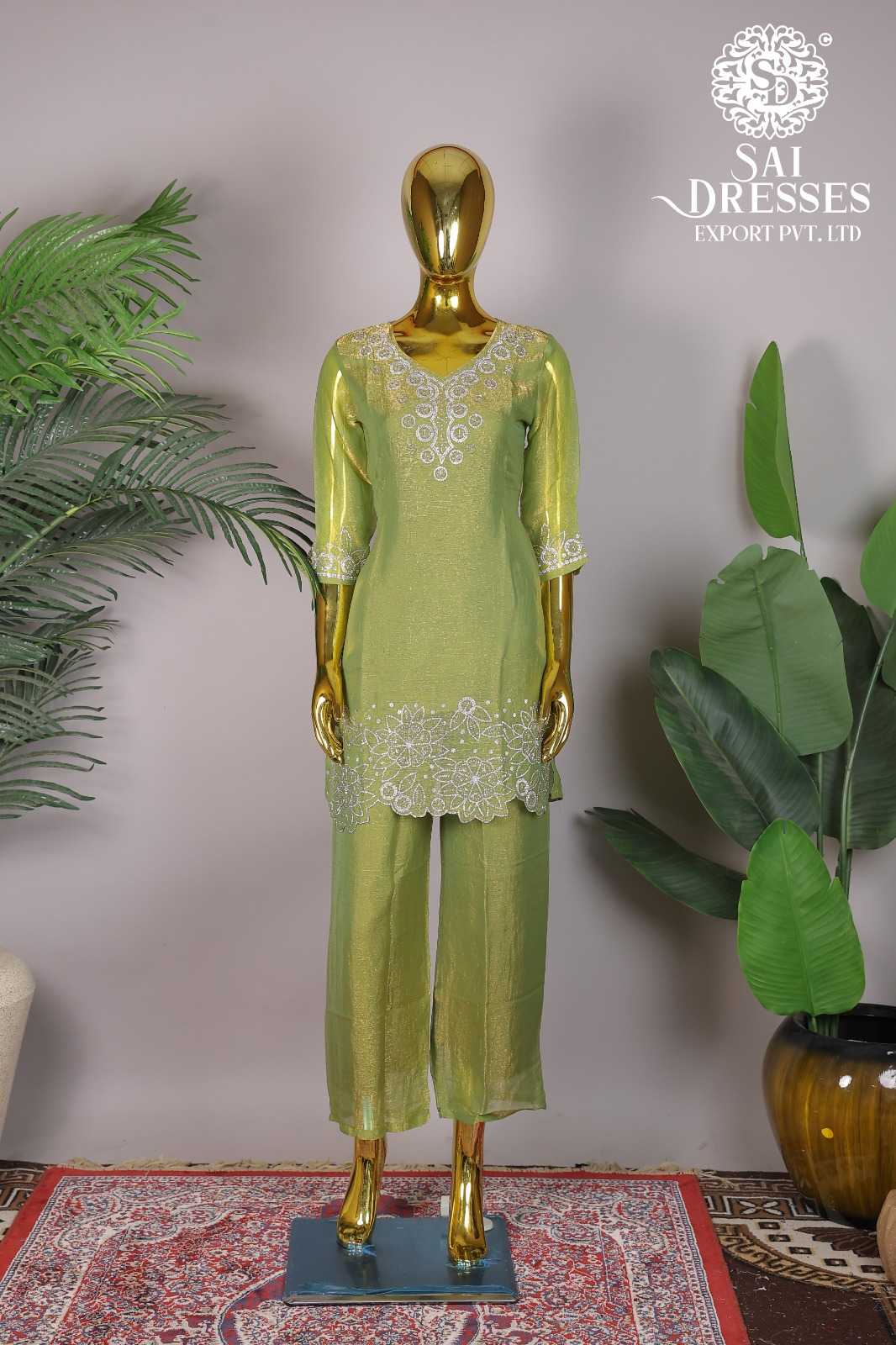 OLIVE GREEN SHIMMER EMBROIDERED KURTI WITH PANT | PREMIUM CO-ORD SET