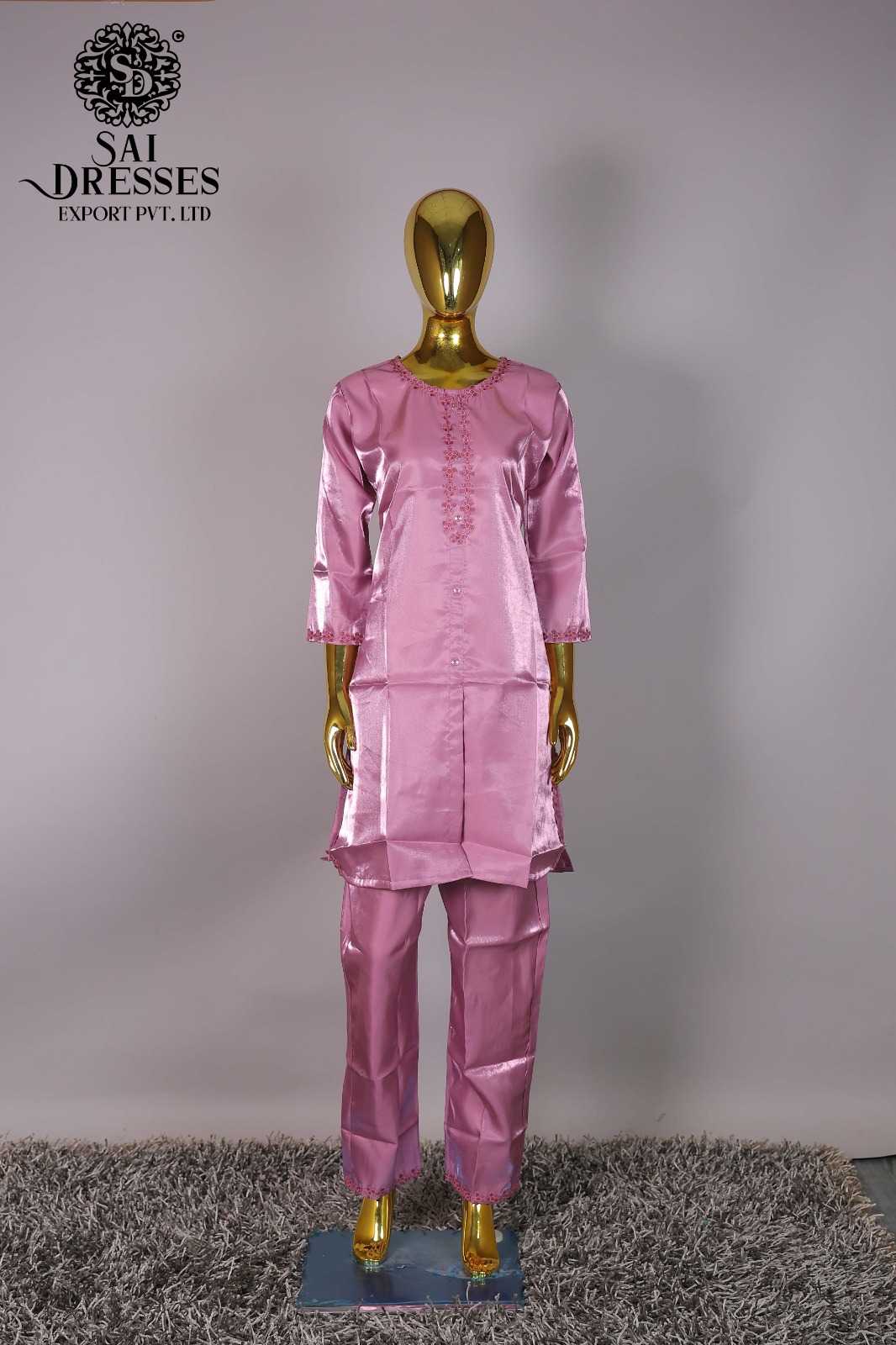 WOMEN'S BABY PINK SATIN EMBELLISHED STRAIGHT KURTI PANT CO-ORD SET