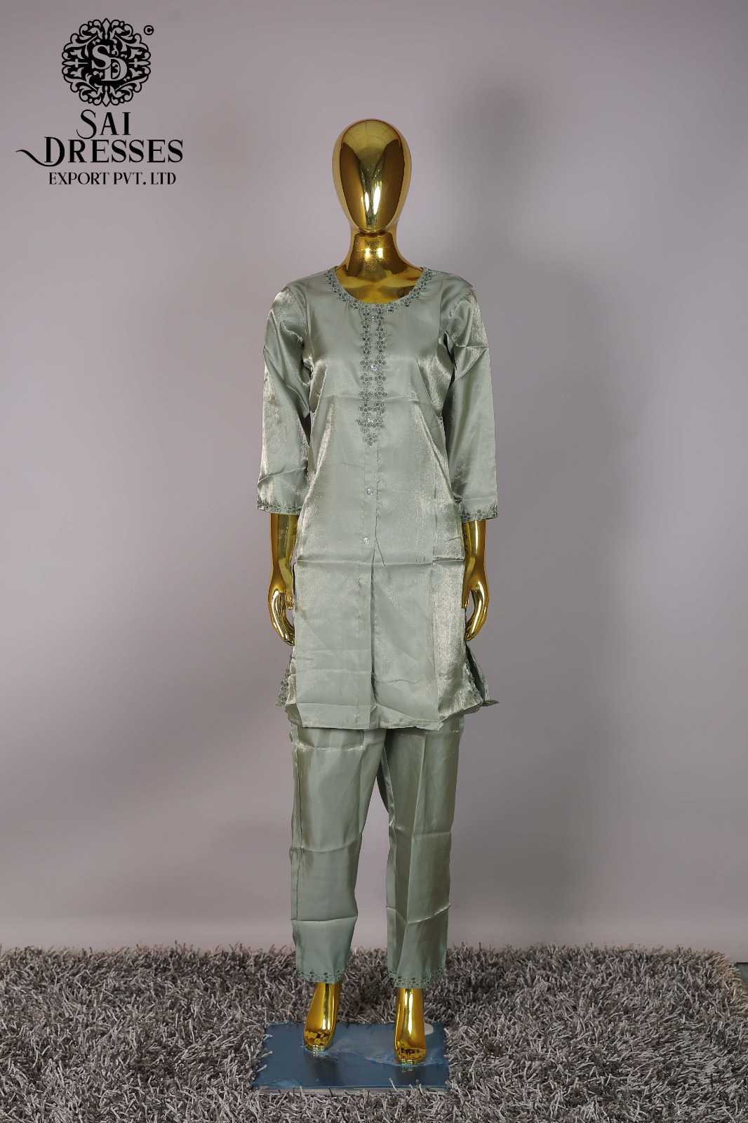 WOMEN'S SAGE GREEN SATIN EMBELLISHED STRAIGHT KURTI PANT CO-ORD SET