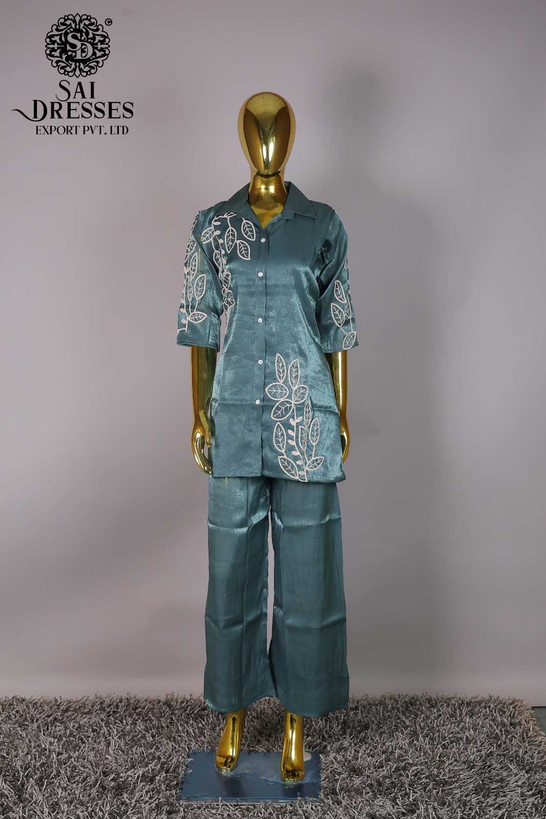 WOMEN'S TEAL BLUE EMBROIDERED SHIRT STYLE KURTI WITH PALAZZO CO-ORD SET