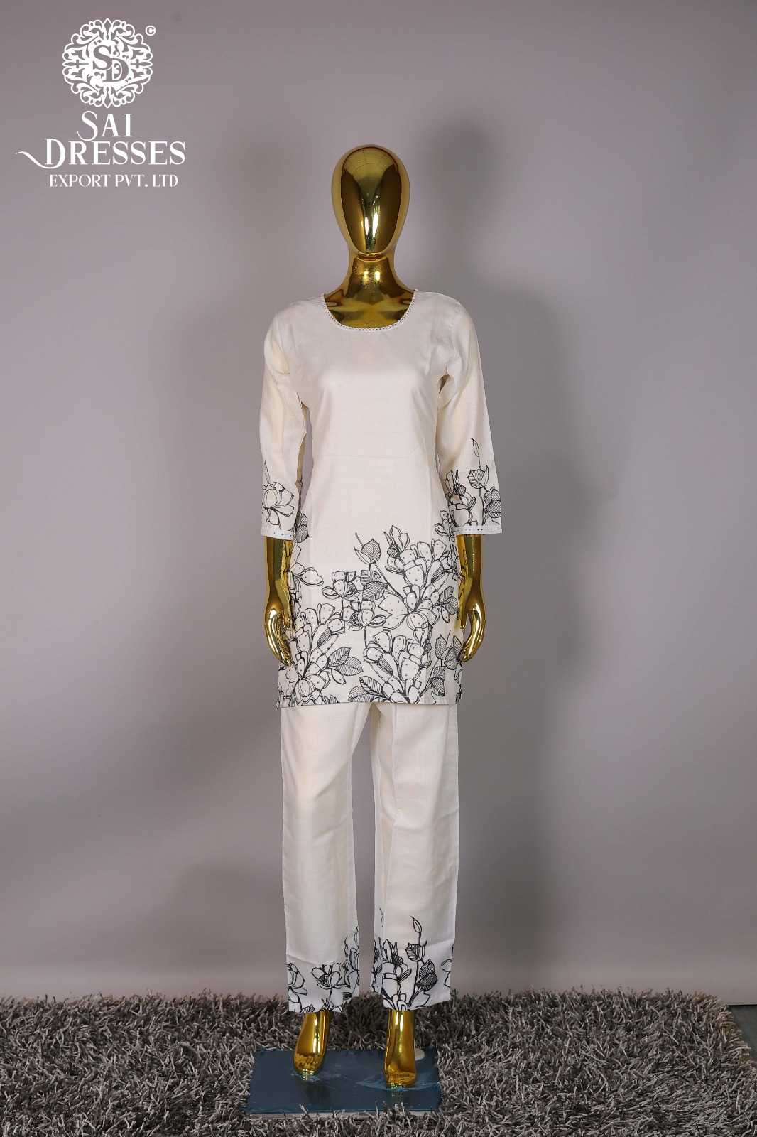 WOMEN'S WHITE FLORAL PRINT STRAIGHT KURTI WITH MATCHING PANTS CO-ORD SET