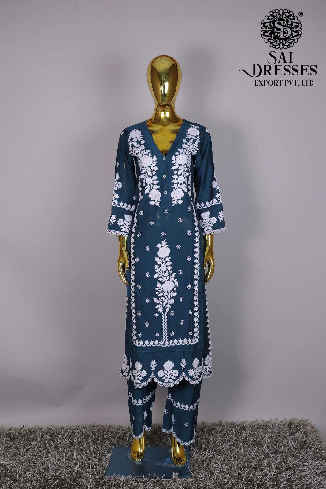 DARK TEAL HEAVY CHIKANKARI EMBROIDERED COTTON KURTA PANT SET FOR WOMEN