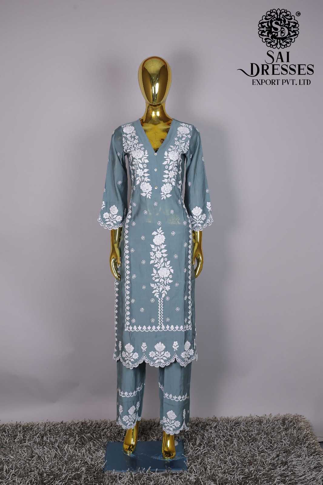 SKY BLUE CHIKANKARI EMBROIDERED COTTON KURTA PANT SET FOR WOMEN