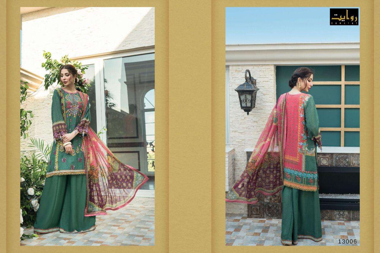 Rang Rasiya By Rawayat 13005 To 13010 Series Designer Suits Collection Beautiful Stylish Fancy Colorful Party Wear & Occasional Wear Pure Jam Digital Printed With Embroidery Dresses At Wholesale Rate In Surat