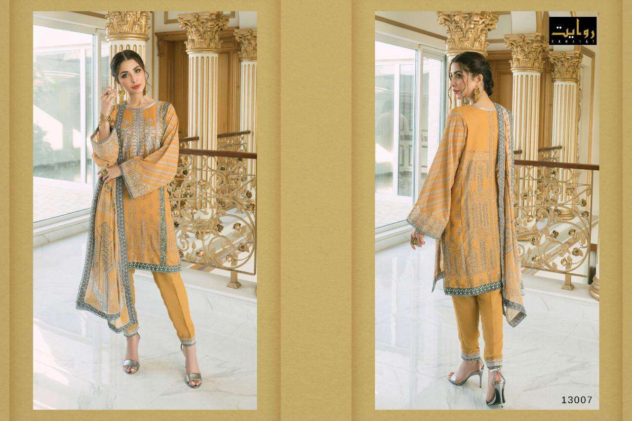 Rang Rasiya By Rawayat 13005 To 13010 Series Designer Suits Collection Beautiful Stylish Fancy Colorful Party Wear & Occasional Wear Pure Jam Digital Printed With Embroidery Dresses At Wholesale Rate In Surat