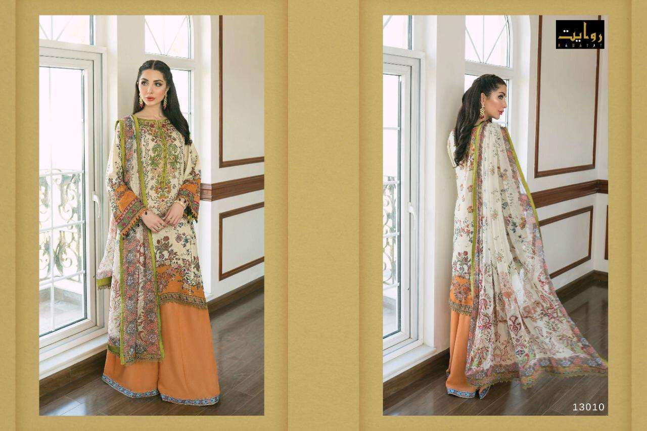 Rang Rasiya By Rawayat 13005 To 13010 Series Designer Suits Collection Beautiful Stylish Fancy Colorful Party Wear & Occasional Wear Pure Jam Digital Printed With Embroidery Dresses At Wholesale Rate In Surat