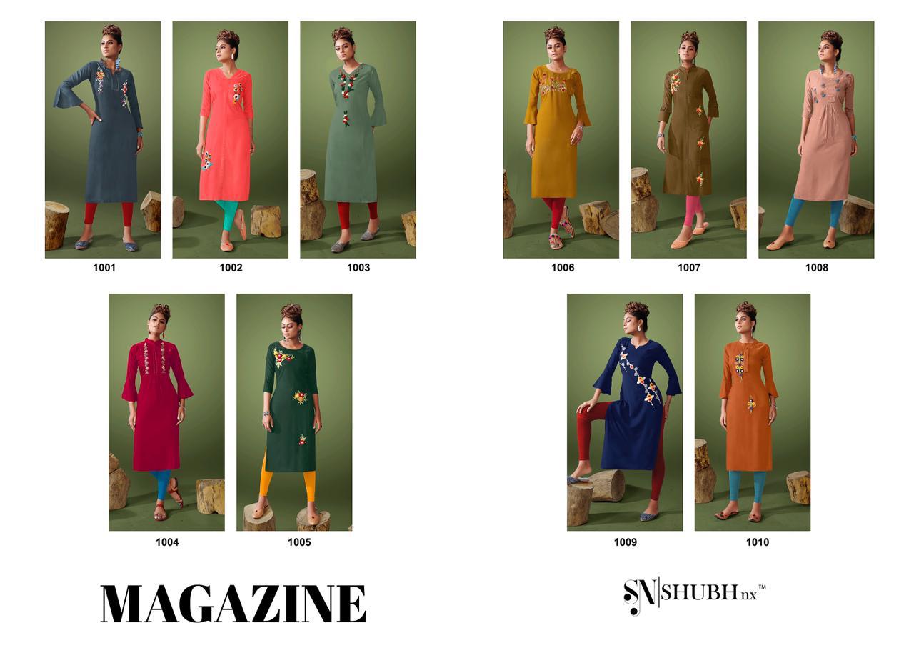 Shubh Nx Presants Magazine Rayon Embroidery Work Kurtis Collection Al Wholesale Rate In Surat