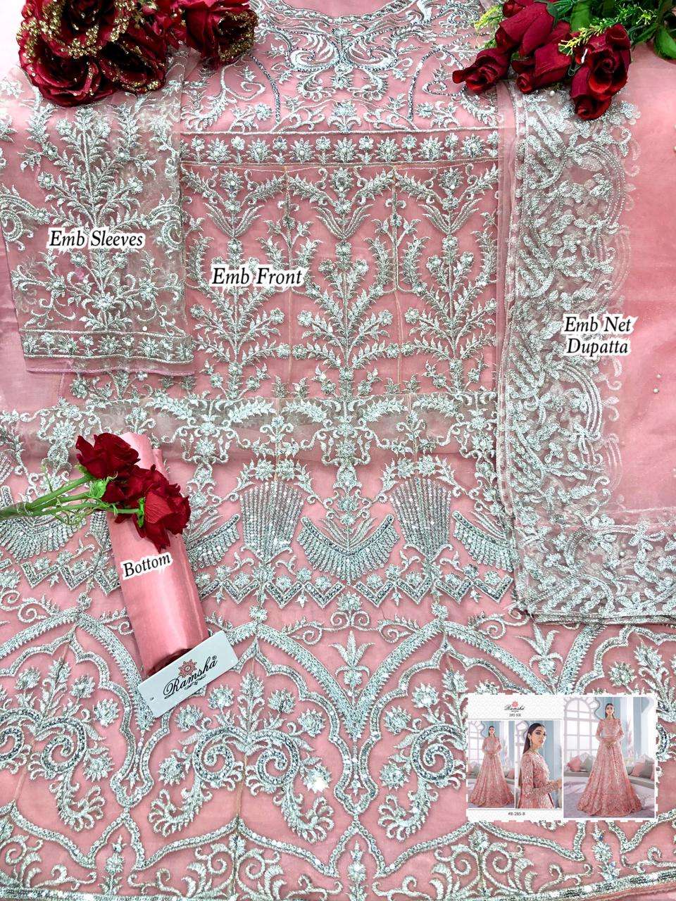 Ramsha Presents Ramsha 285 Nx Net Kali Style Embroidery Long Suits At Wholesale Rate In Surat