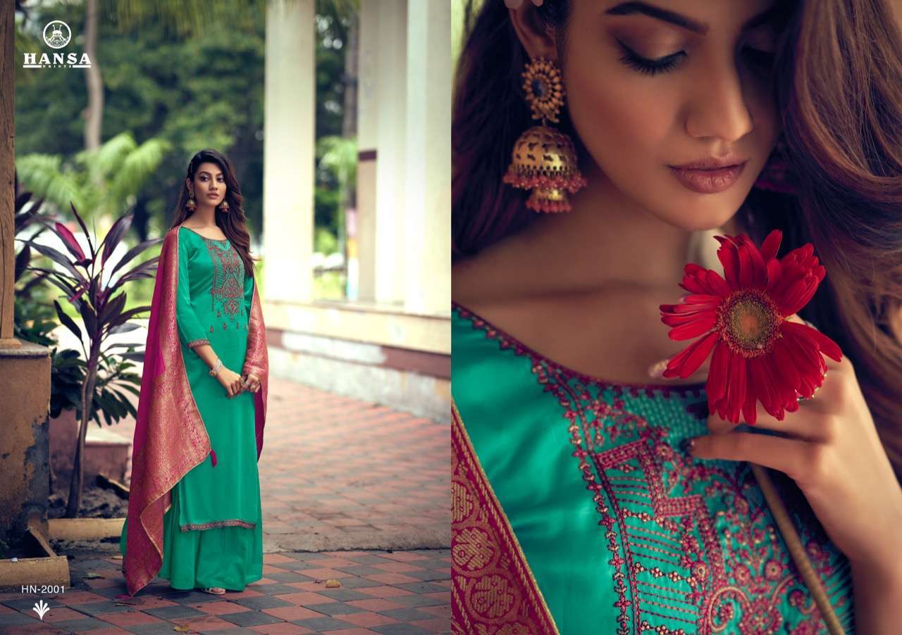 Hansa Prints Presants Banaras Saanj Beautiful Stylish Sharara Suits Ready To Wear Dola Silk Dyed Dresses At Wholesale Rate In Surat