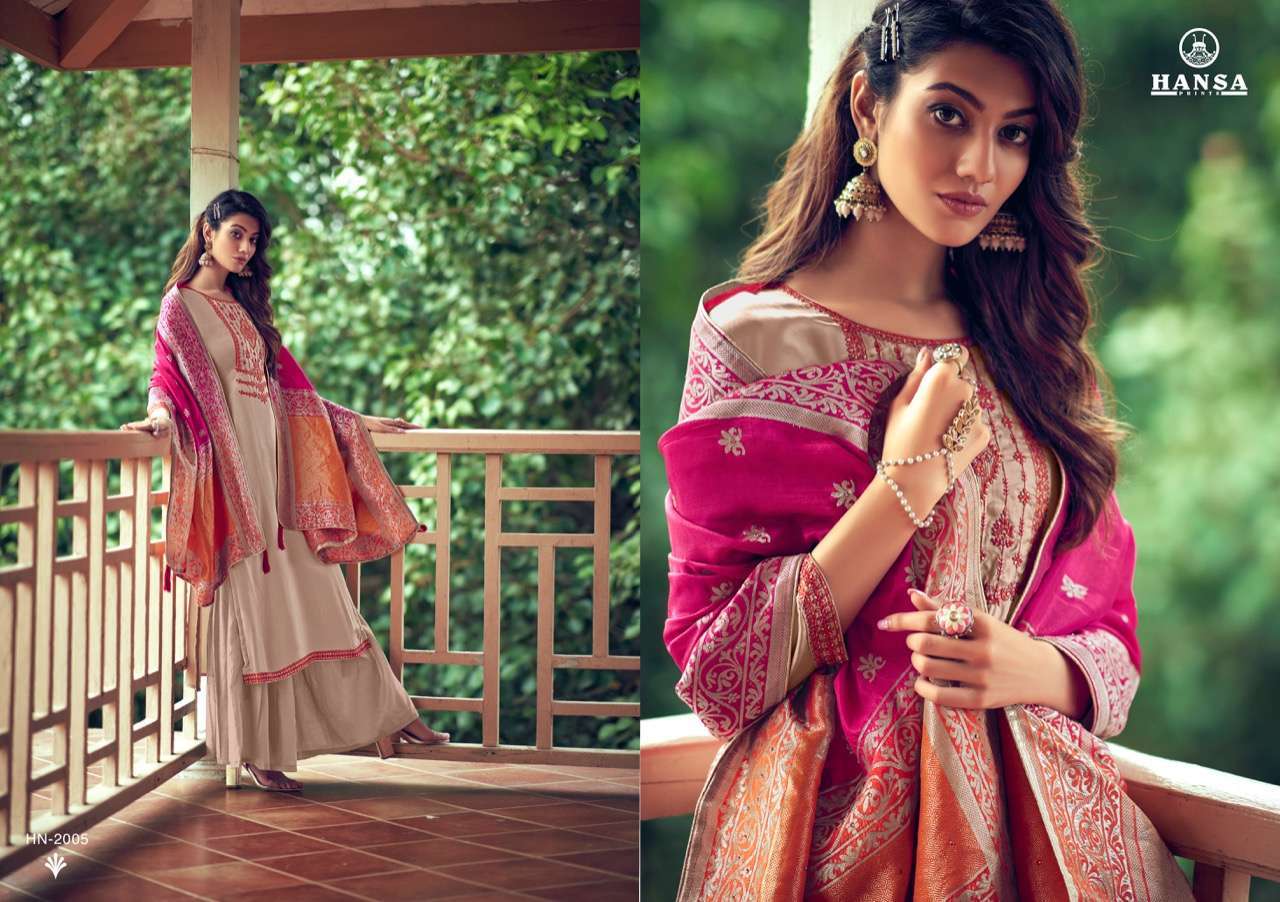 Hansa Prints Presants Banaras Saanj Beautiful Stylish Sharara Suits Ready To Wear Dola Silk Dyed Dresses At Wholesale Rate In Surat