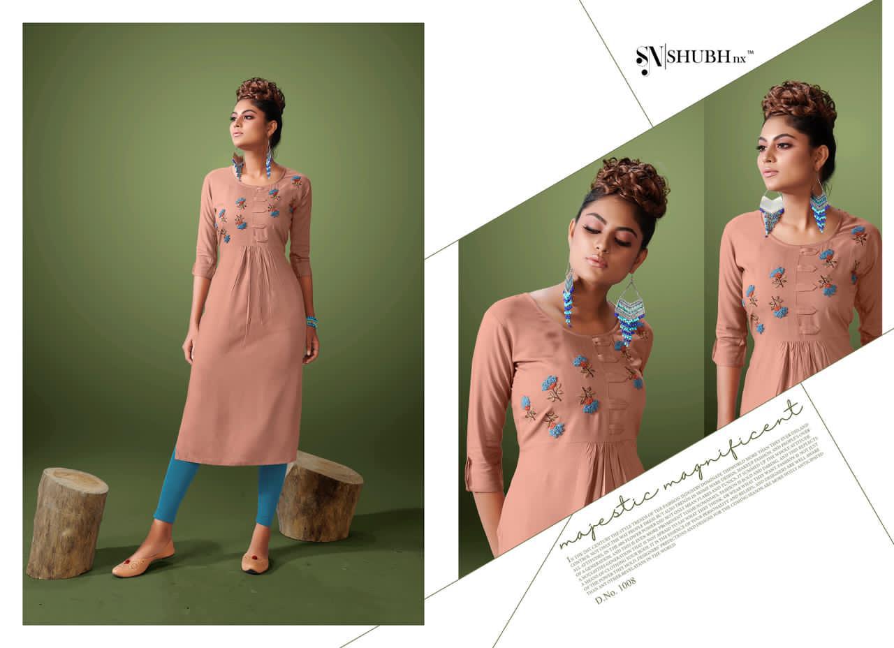 Shubh Nx Presants Magazine Rayon Embroidery Work Kurtis Collection Al Wholesale Rate In Surat