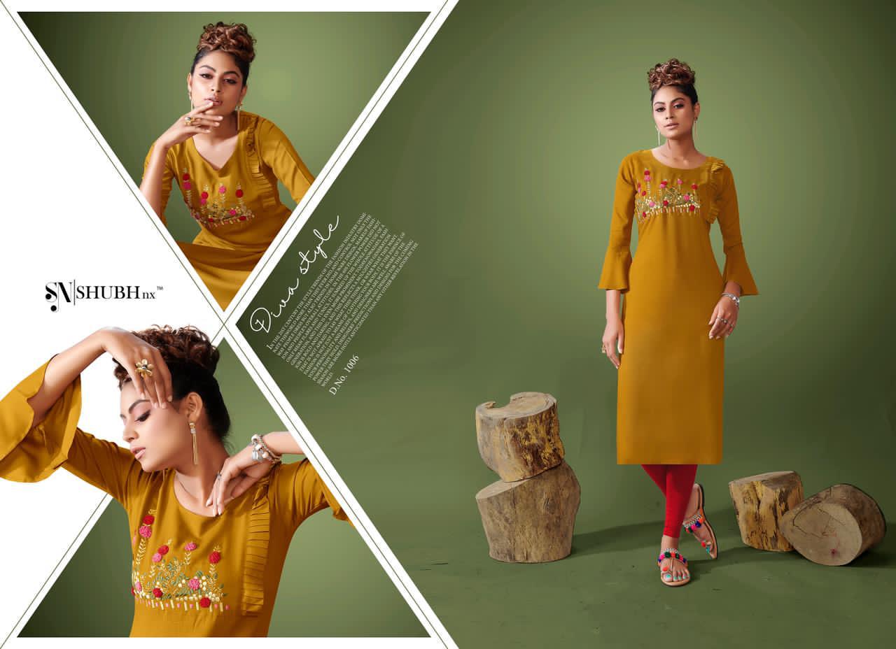 Shubh Nx Presants Magazine Rayon Embroidery Work Kurtis Collection Al Wholesale Rate In Surat