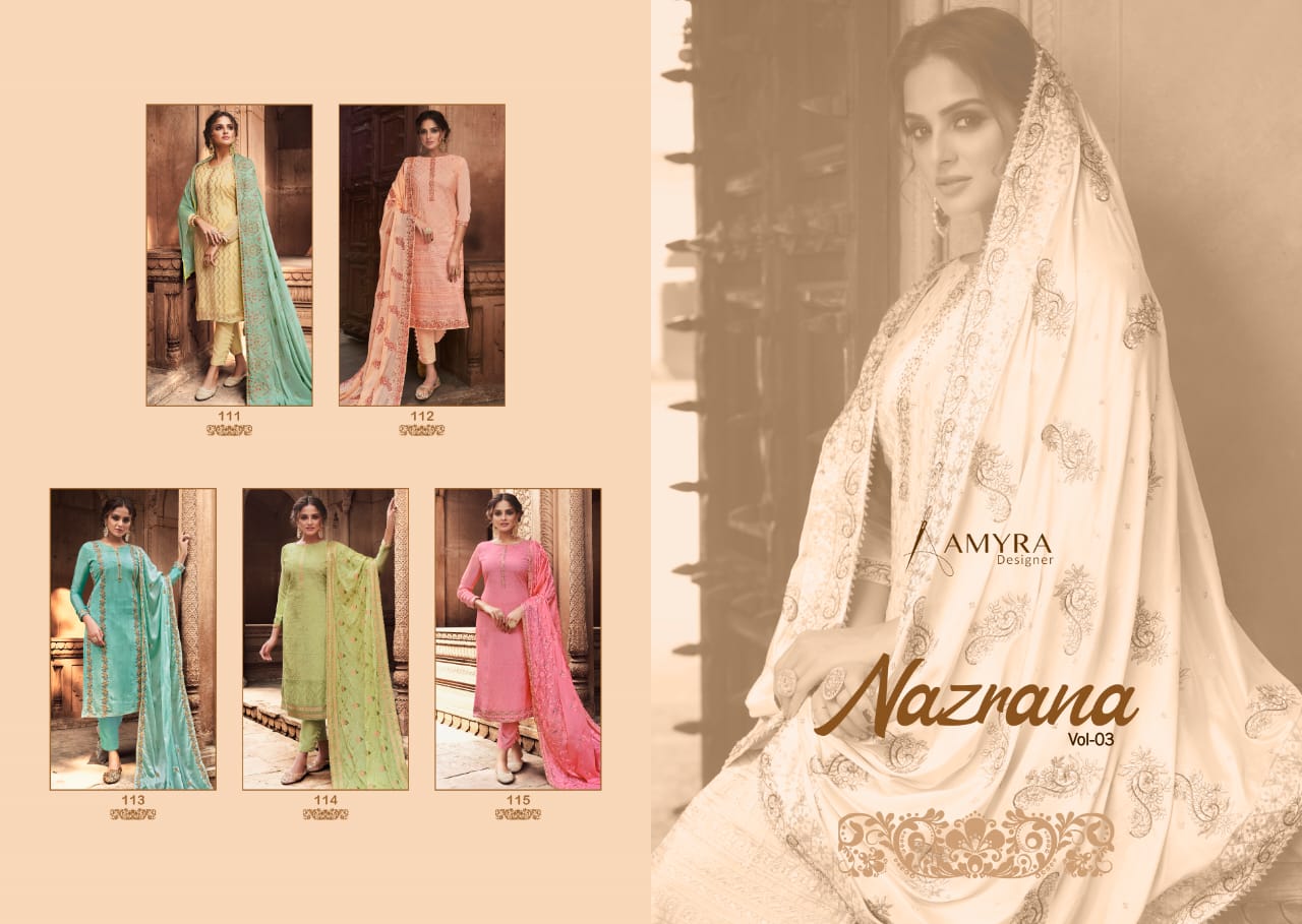 Amyra Designer Presents  Nazrana Vol-3 Pure Viscose Chinon With Heavy Exclusive Embroidery Salwar Kameez Catalog At Wholesale Rate In Surat