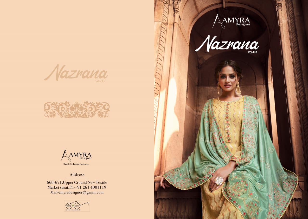 Amyra Designer Presents  Nazrana Vol-3 Pure Viscose Chinon With Heavy Exclusive Embroidery Salwar Kameez Catalog At Wholesale Rate In Surat