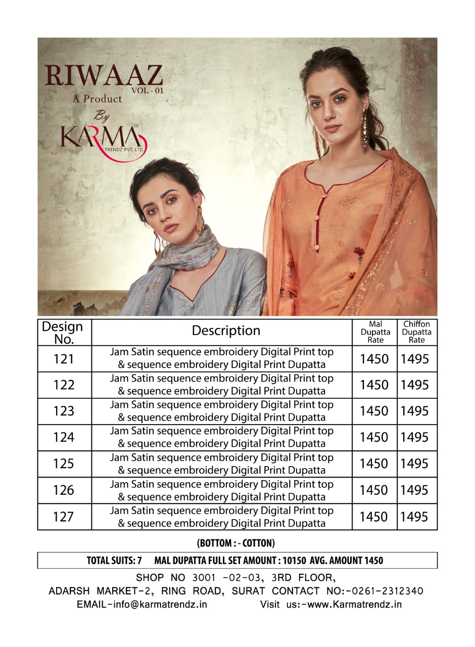 Karma Trandz Presents Riwaaz Heavy Maslin Digital Print Work Suits Catalog At Wholesale Rate In Surat