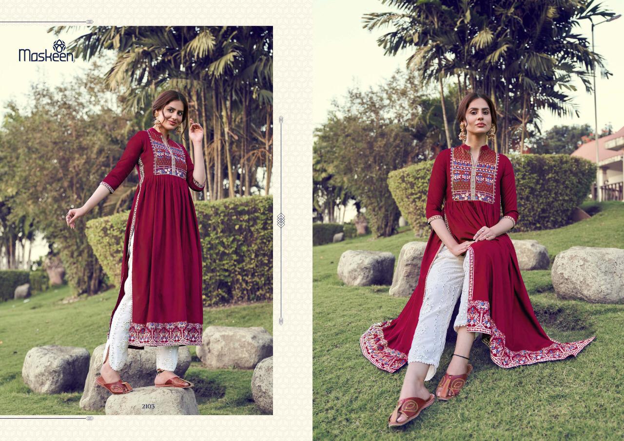Maisha Presents Maskeen Monsoon Vol-2 Designer Rayon With Heavy Embroidery Kurti With Botton Concept Catalog At Wholesale Rate In Surat