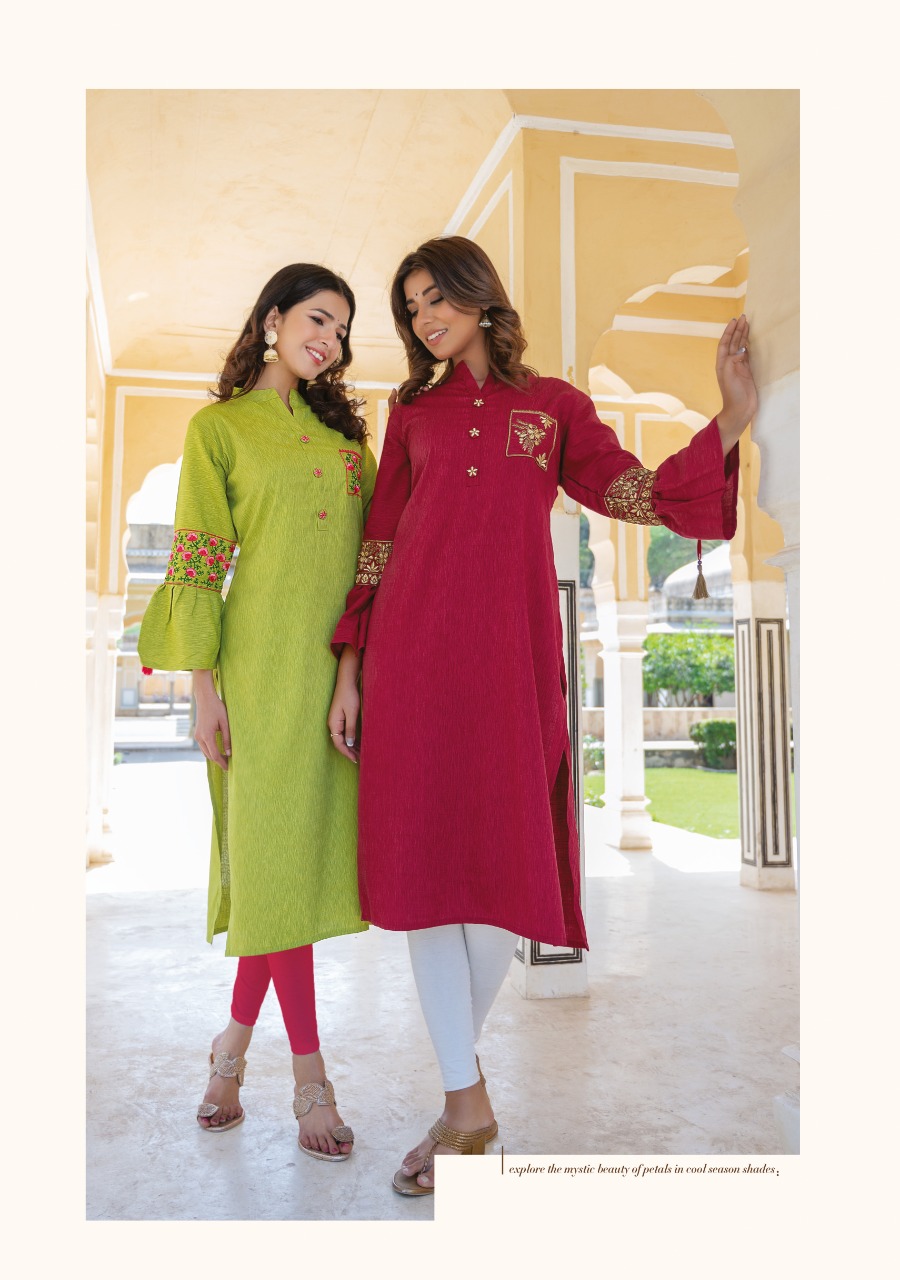 Wanna Looks Presents Samaira Vol-8 Designer Embroidery Rayon Melange Fancy Kurti With Bell Sleaves Catalog At Wholesale Rate In Surat