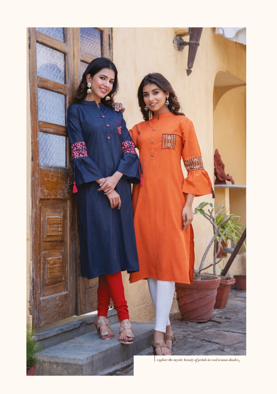 Wanna Looks Presents Samaira Vol-8 Designer Embroidery Rayon Melange Fancy Kurti With Bell Sleaves Catalog At Wholesale Rate In Surat