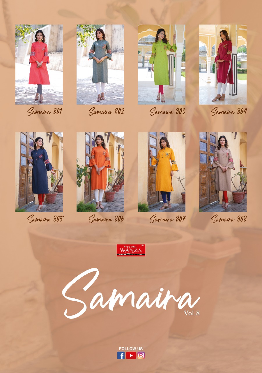 Wanna Looks Presents Samaira Vol-8 Designer Embroidery Rayon Melange Fancy Kurti With Bell Sleaves Catalog At Wholesale Rate In Surat