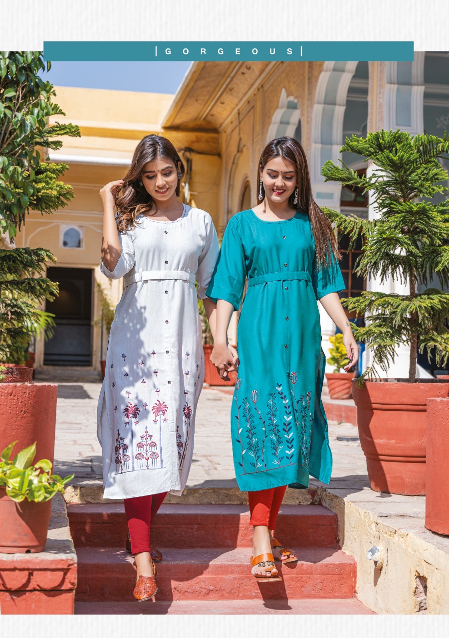 Wanna Looks Presents Olive Designer Rayon Heavy Embroidery Kurti Catalog At Wholesale Rate In Surat