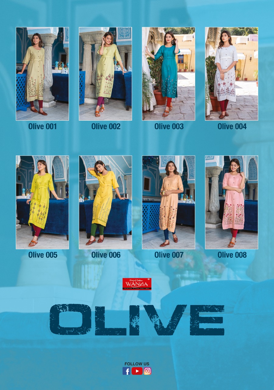 Wanna Looks Presents Olive Designer Rayon Heavy Embroidery Kurti Catalog At Wholesale Rate In Surat