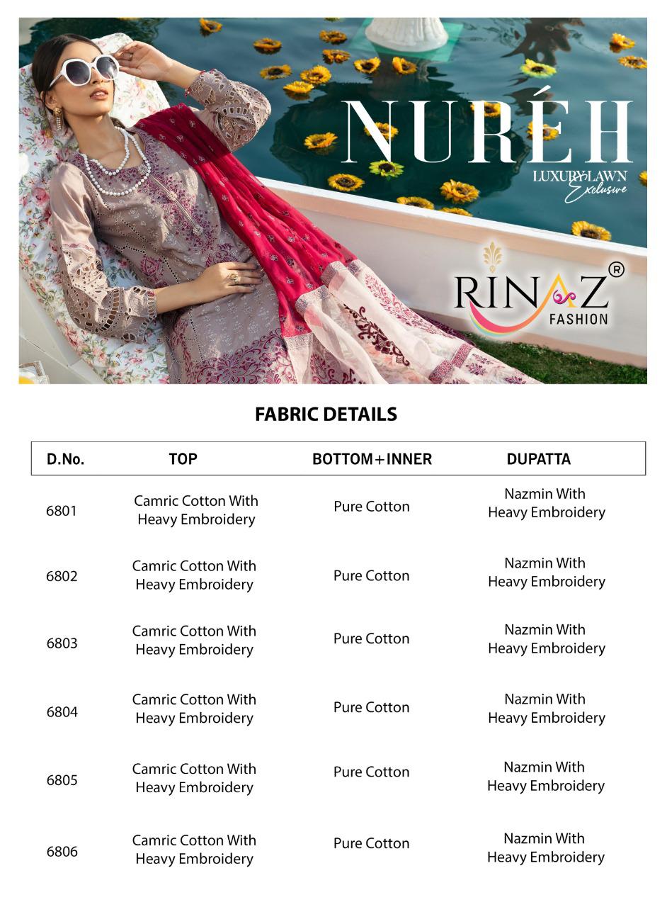 Rinaz Fashion Presents Nureh Designer Camric Cotton With Heavy Embroidery Pakistani Suits Collections At Wholesale Rate In Surat