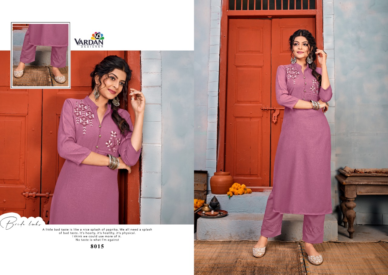 Vardan Designer Presents Jhumkha Vol-1 Heavy Designer Casual Rayon Embroidery Work Kurti With Pant Concept Readymade Collections At Wholesale Rate In Surat