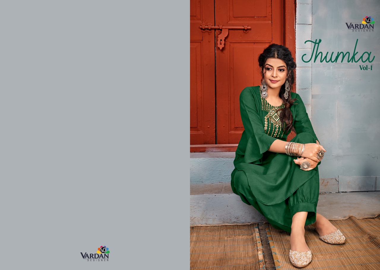 Vardan Designer Presents Jhumkha Vol-1 Heavy Designer Casual Rayon Embroidery Work Kurti With Pant Concept Readymade Collections At Wholesale Rate In Surat