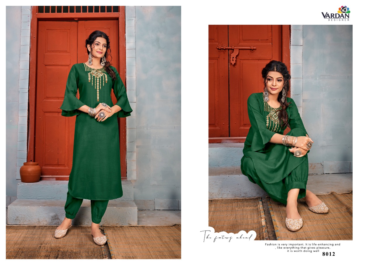 Vardan Designer Presents Jhumkha Vol-1 Heavy Designer Casual Rayon Embroidery Work Kurti With Pant Concept Readymade Collections At Wholesale Rate In Surat