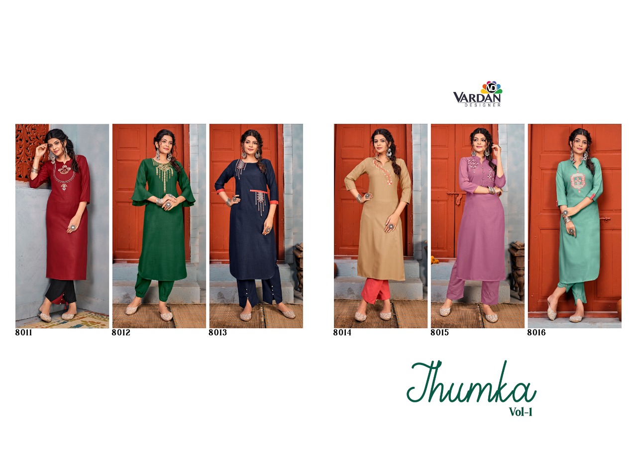 Vardan Designer Presents Jhumkha Vol-1 Heavy Designer Casual Rayon Embroidery Work Kurti With Pant Concept Readymade Collections At Wholesale Rate In Surat