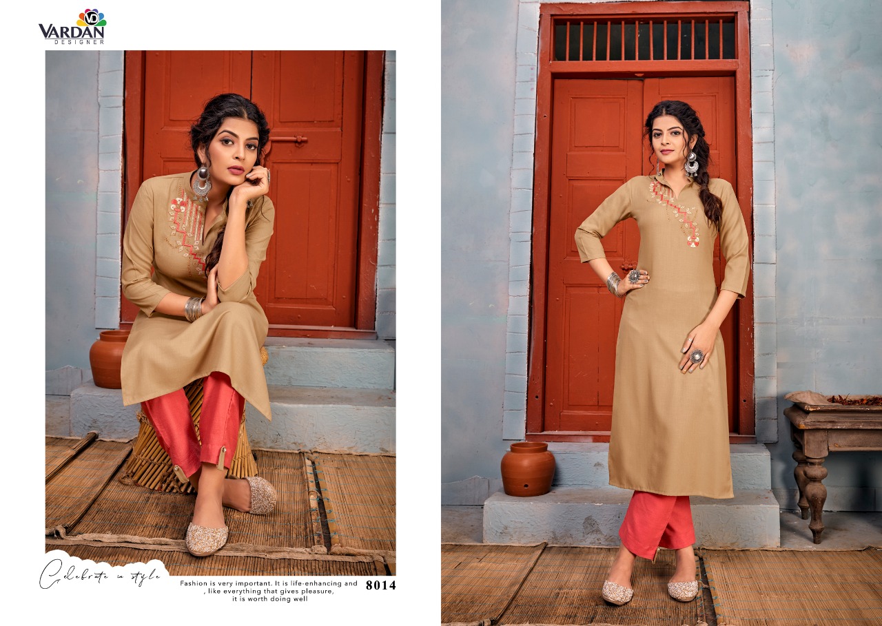 Vardan Designer Presents Jhumkha Vol-1 Heavy Designer Casual Rayon Embroidery Work Kurti With Pant Concept Readymade Collections At Wholesale Rate In Surat