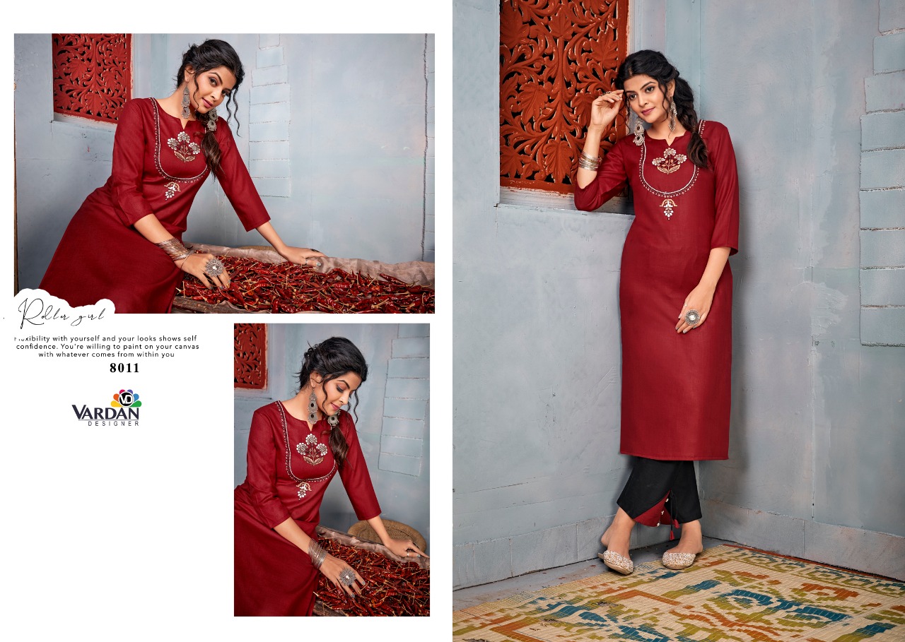 Vardan Designer Presents Jhumkha Vol-1 Heavy Designer Casual Rayon Embroidery Work Kurti With Pant Concept Readymade Collections At Wholesale Rate In Surat
