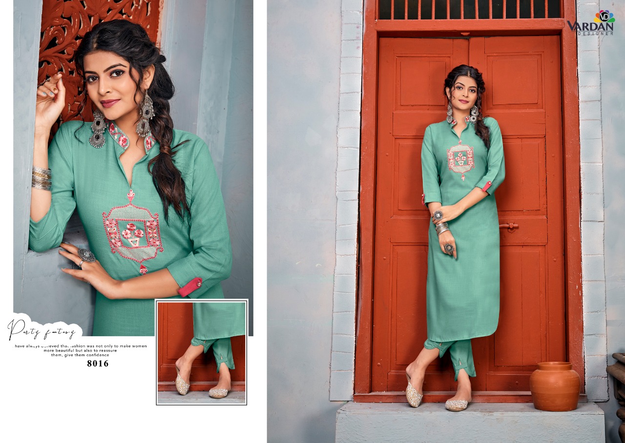 Vardan Designer Presents Jhumkha Vol-1 Heavy Designer Casual Rayon Embroidery Work Kurti With Pant Concept Readymade Collections At Wholesale Rate In Surat