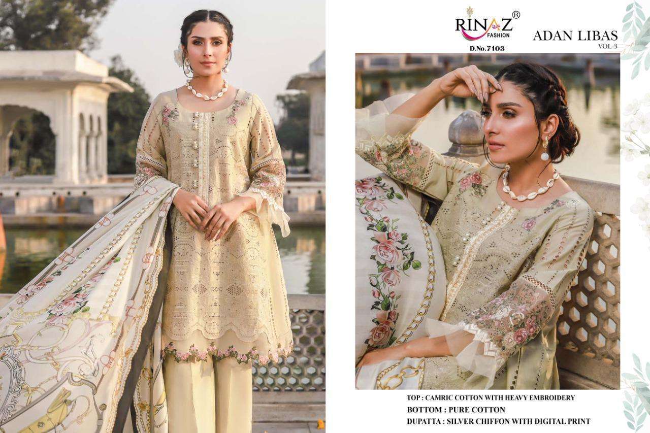 Rinaz Fashion Presents Adan Libas Vol-3 Cambric Cotton With Heavy Embroidery Work Pakistani Suits Collections At Wholesale Rate In Surat