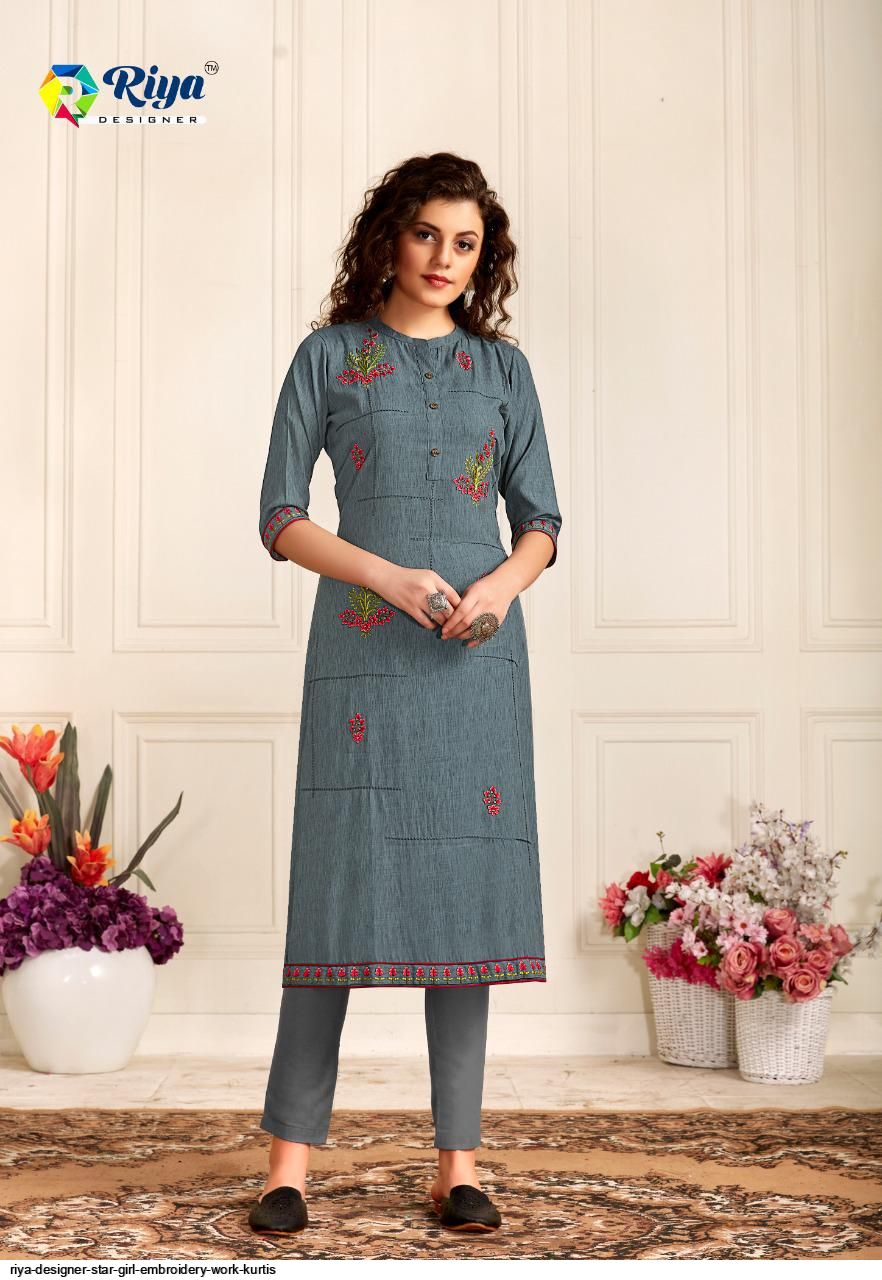 Riya Designer Star Girl Embroidery Work Kurtis