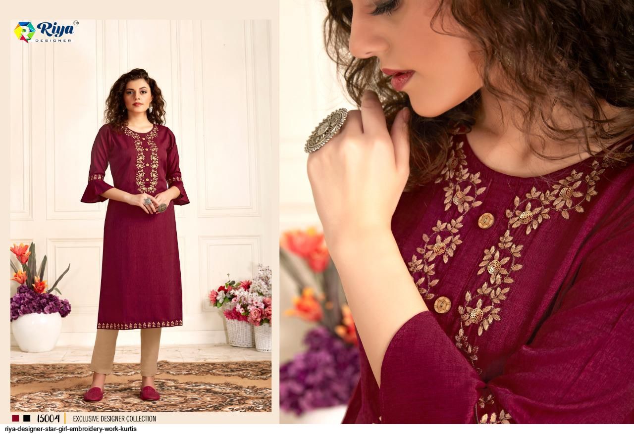 Riya Designer Star Girl Embroidery Work Kurtis