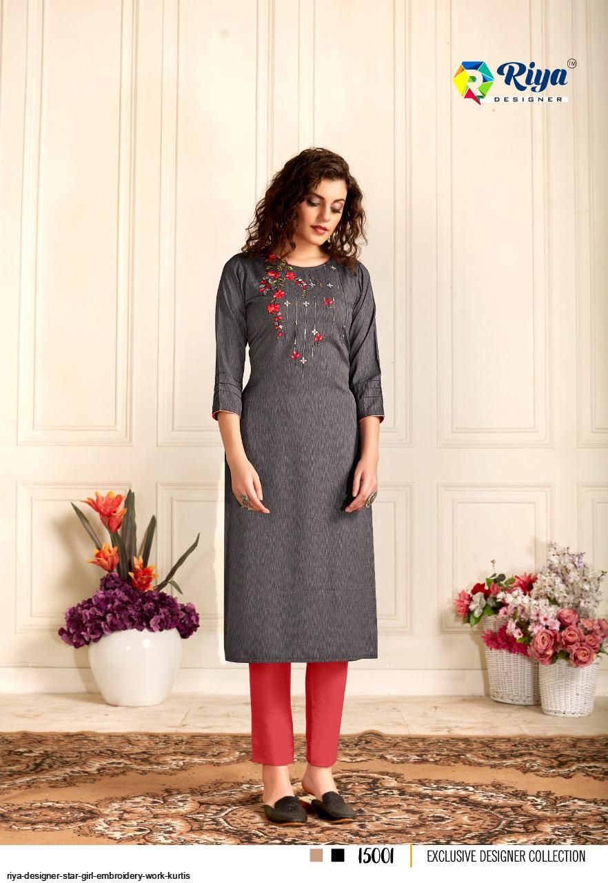 Riya Designer Star Girl Embroidery Work Kurtis