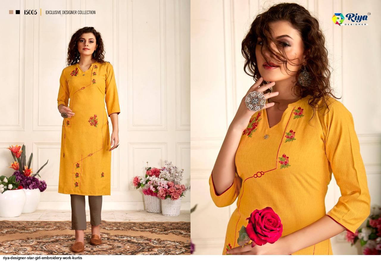 Riya Designer Star Girl Embroidery Work Kurtis