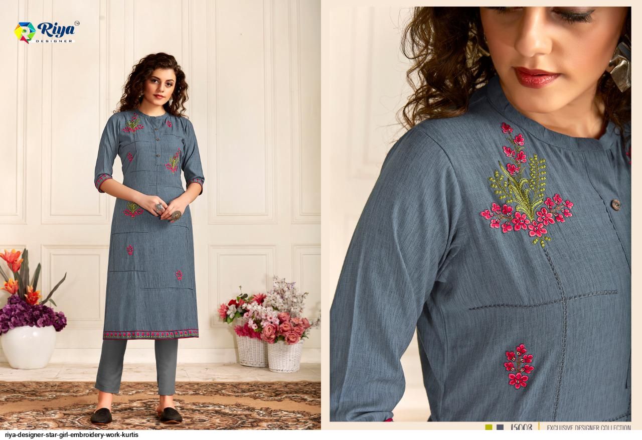 Riya Designer Star Girl Embroidery Work Kurtis