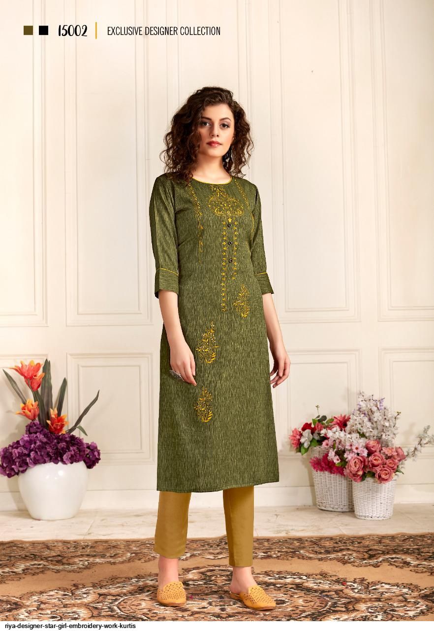 Riya Designer Star Girl Embroidery Work Kurtis