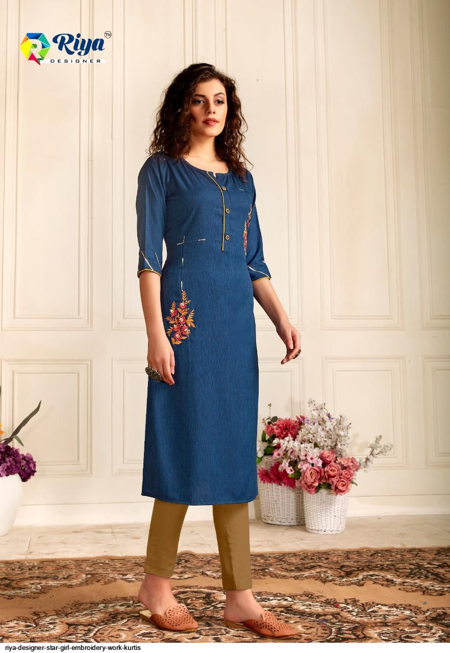 Riya Designer Star Girl Embroidery Work Kurtis