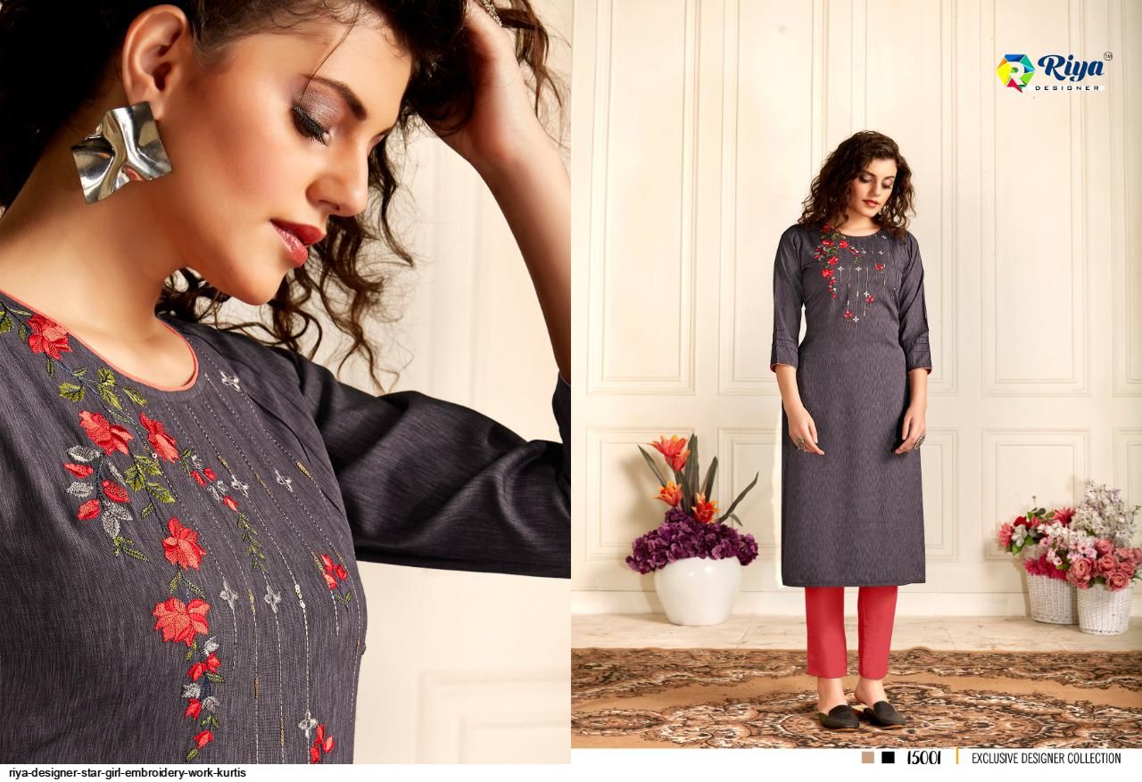 Riya Designer Star Girl Embroidery Work Kurtis
