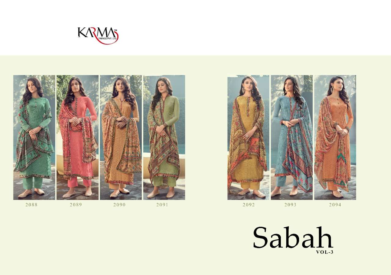 Karma Trandz Presents Sabah Vol 3  2088-2094 Series Muslin Embroidery Suits Wholesale Rate In India