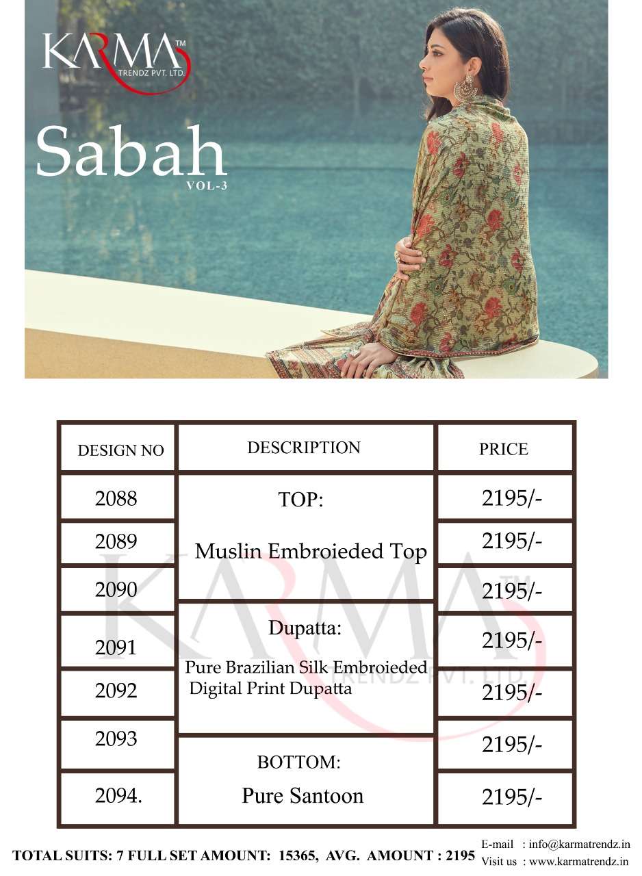 Karma Trandz Presents Sabah Vol 3  2088-2094 Series Muslin Embroidery Suits Wholesale Rate In India