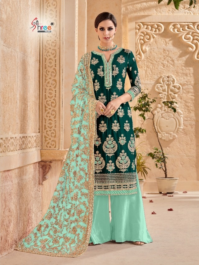 Shree Fab Presants Mutiyaar Gold Designer Faux Georgette Heavy Embroidery Work Suits Collection At Wholesale Rate In Surat