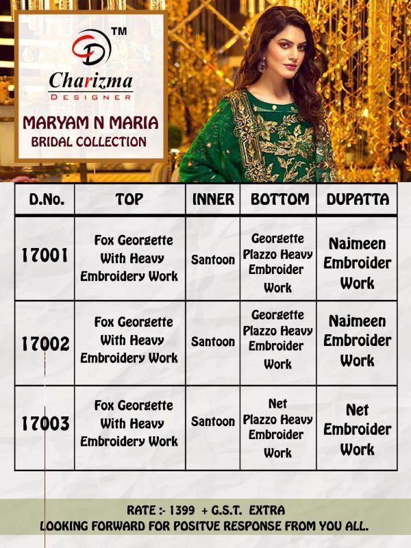 Charizma Presents  Maryam And Maria Georgette Embroidery Pakistani Salwar Suit Wholesale Rate In Surat