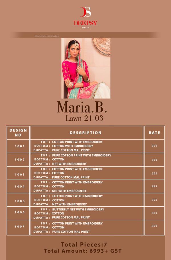 Deepsy Presnets  Maria B Lawn 21 Vol 3 Cotton Pakistani Designer Suits Wholesale Rate In Surat