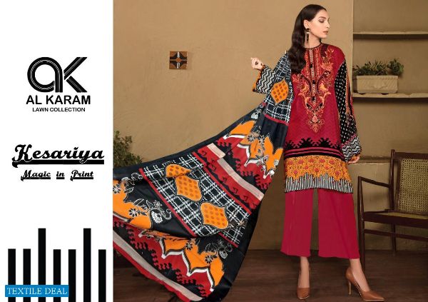 Gul Ahmed Presnets  Al Karam Vol 1 Lawn Kesariya Printed Pakistani Dress Material Wholesale Rate In Surat
